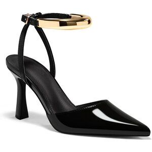 Coutgo Women's Black Faux Leather Closed Pointed Toe Ankle Strap Heels Pumps